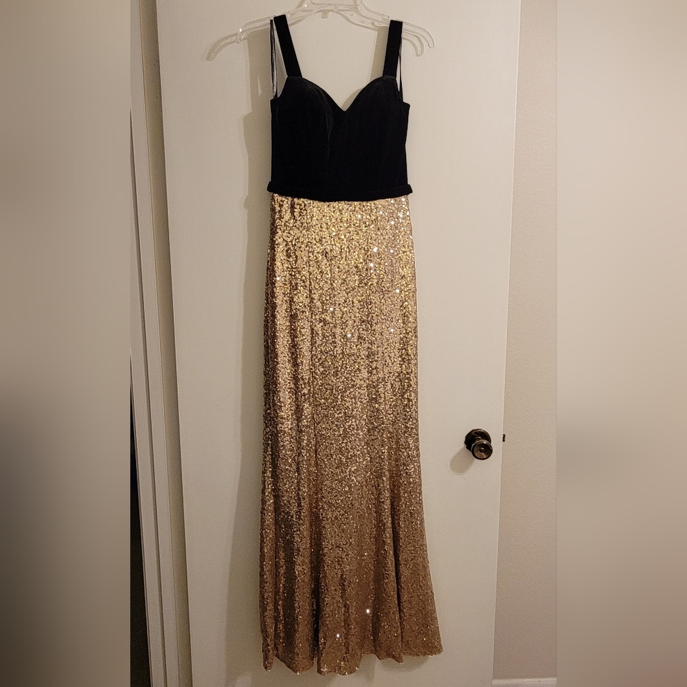 Black Velvet and Gold Sequin Prom Dress